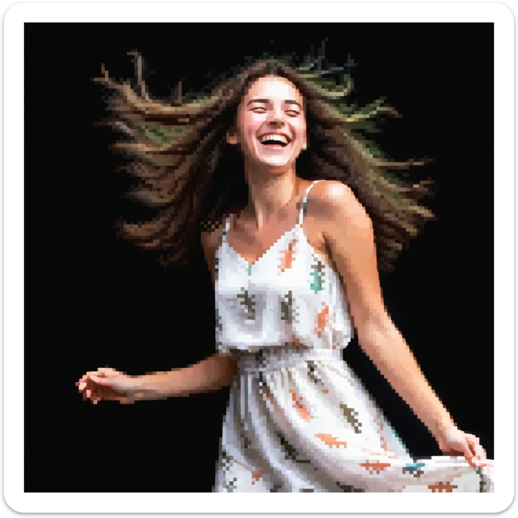 A brunette with straight hair laughs among friends at a picnic, wearing a light summer dress, her hair messy from the wind sticker