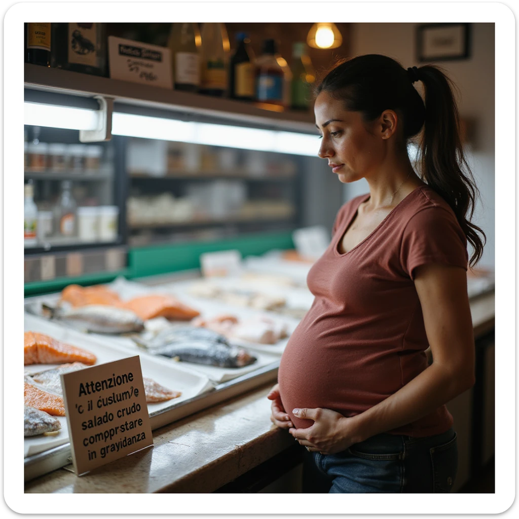 realistic pregnant woman in 4K observing the fish counter with a sign in the foreground that says: 'Attenzione, il consumo di salmone crudo puo comportare rischi in gravidanza' sticker
