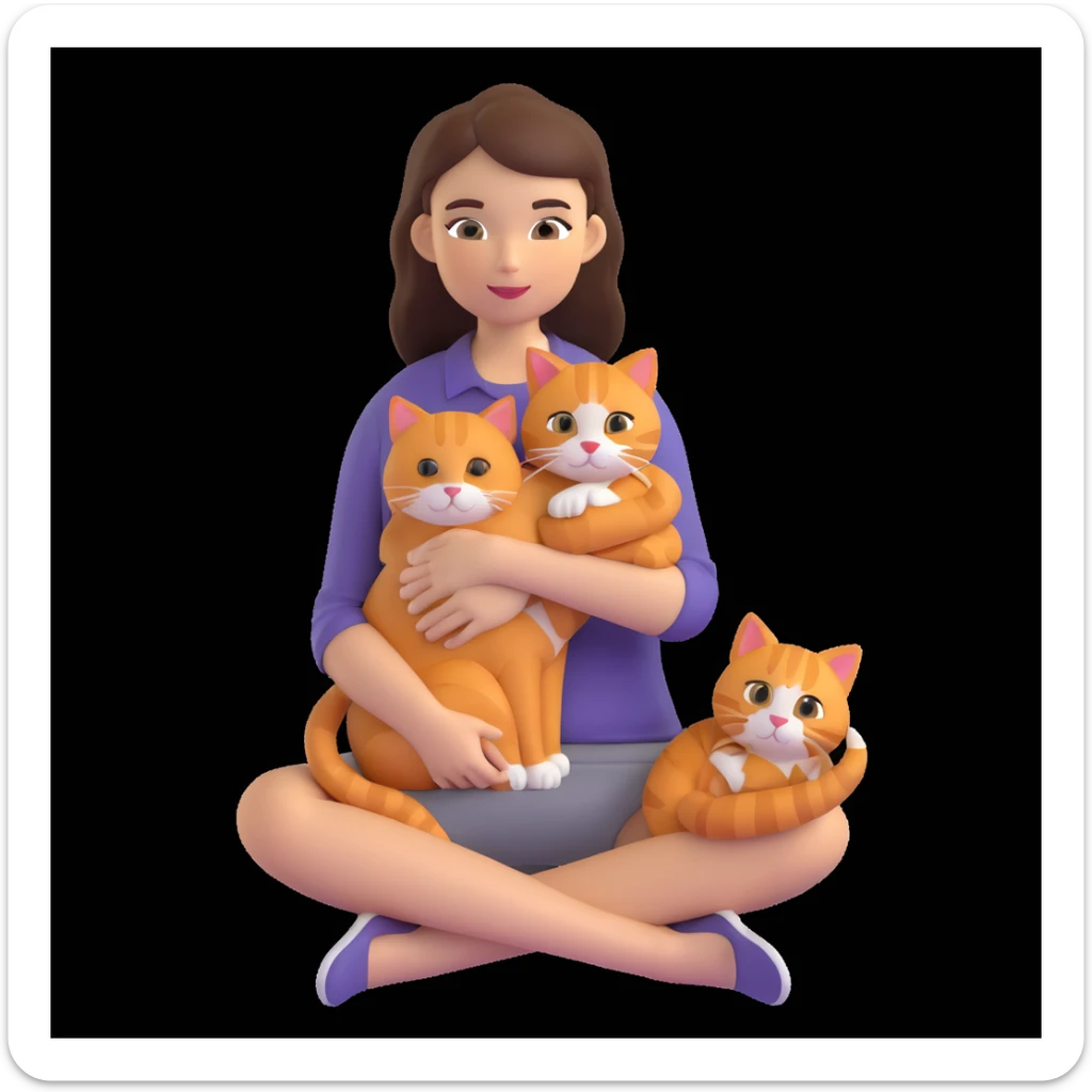 a sad brunette woman with straight hair sitting on the floor, holding a ginger cat in her lap sticker