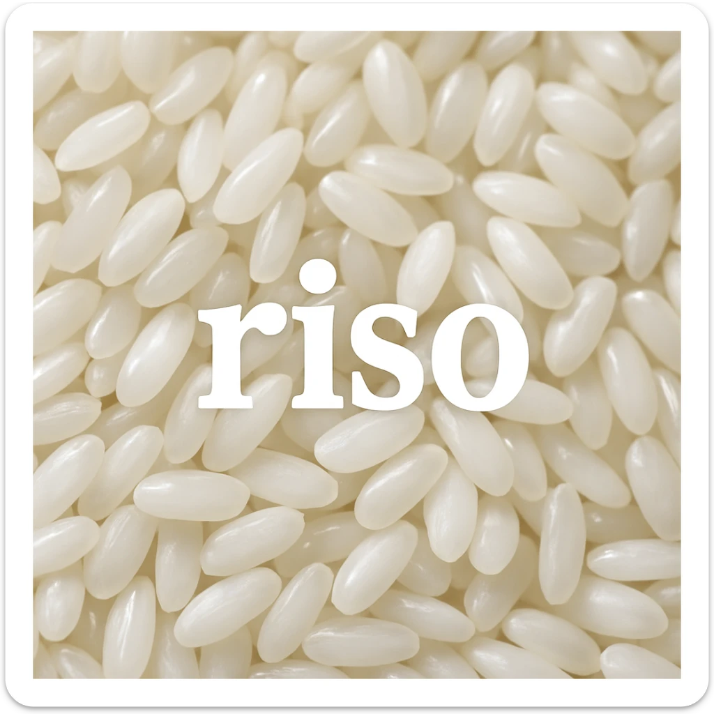 photo realistic close-up of shiny white rice grains with the word 'riso' in Italian on the image sticker