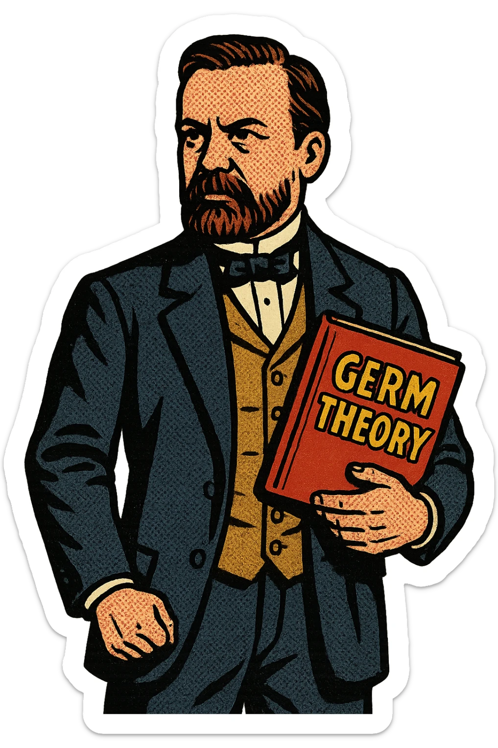 A doctor from the late 1800s standing with a book about the Germ Theory in his hand sticker