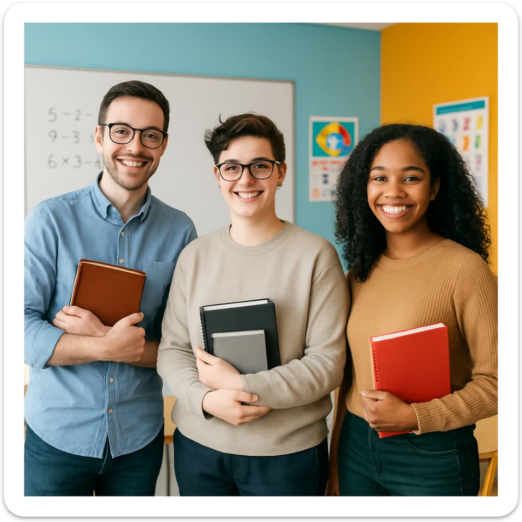a group of three young teachers, male, female, gender neutral, standing together, diverse, friendly, modern classroom background sticker