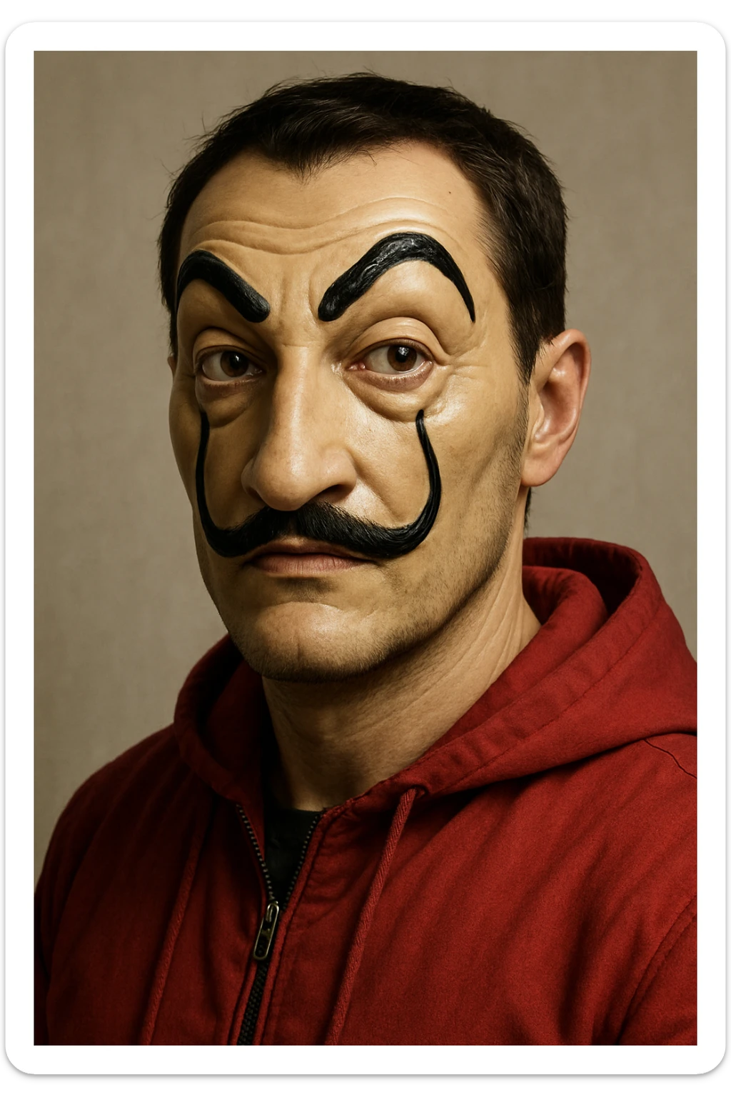 a man wearing a La Casa de Papel (Money Heist) mask, realistic style sticker