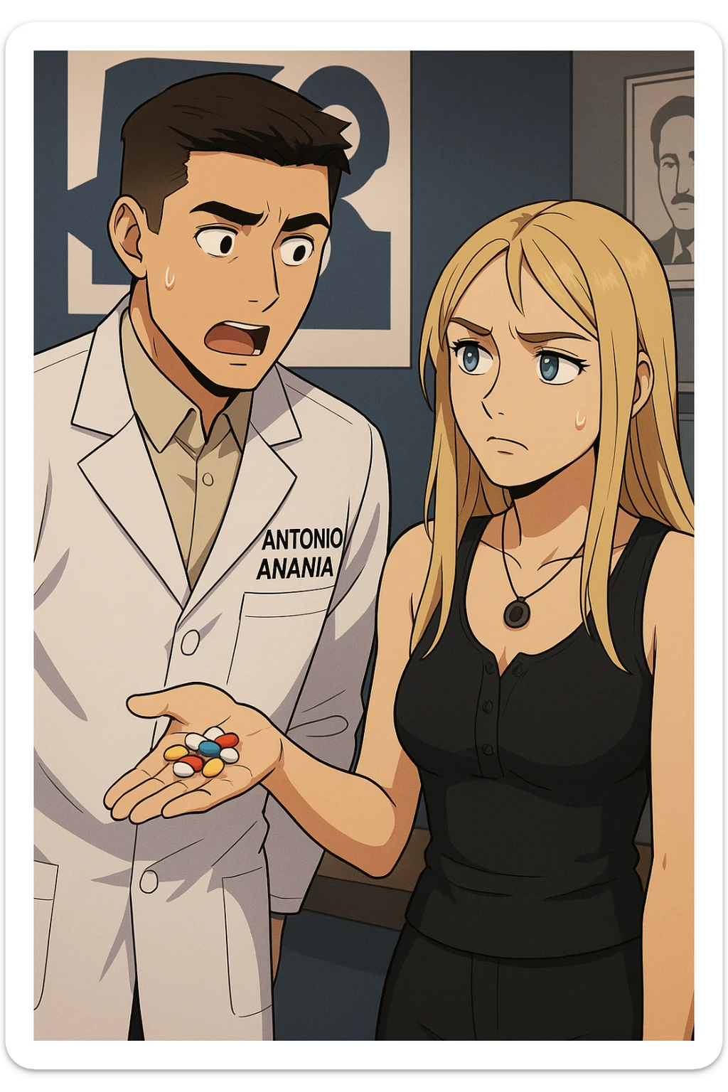 fai un webtoon/manga a colori con questo kinesiologo in camice bianco (fagli la scritta "ANTONIO ANANIA" SUL CAMICE) CHE PARLA CON QUESTA RAGAZZA CON GLI OCCHI AZZURRI. LA RAGAZZA HA UN PUGNO DI INTEGRATORI IN MANO (TANTE PILLOLE DIVERSE) E LE GUARDA DUBBIOSA. IL KINESIOLOGO CON IL CAMICE BIANCO LE DOMANDA UNA COSA SCIOCCATO. NON FARE I FUMETTI, FAI SOLO LORO COME SE DIALOGASSERO sticker