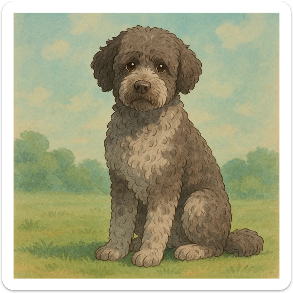 illustration of a roan Lagotto Romagnolo dog, sitting, soft background, ghibli style sticker