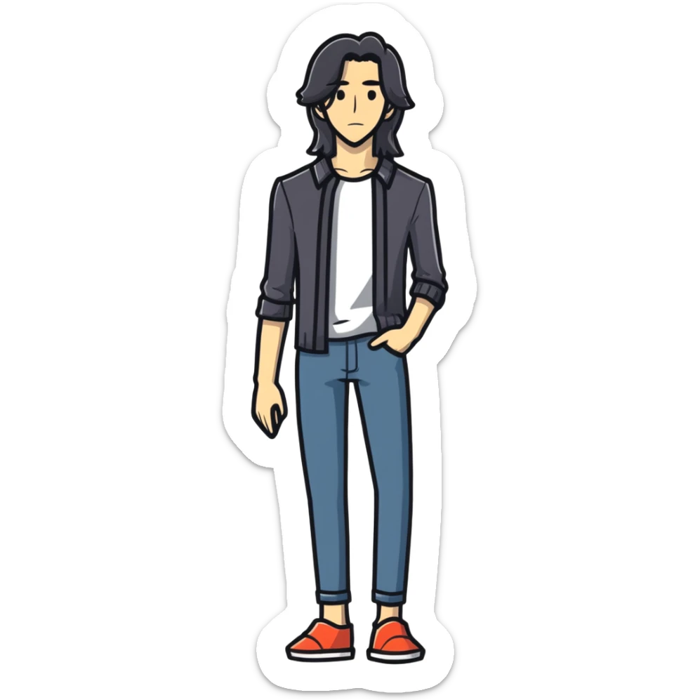 full body very skinny male figure standing wearing clothes with long hair sticker