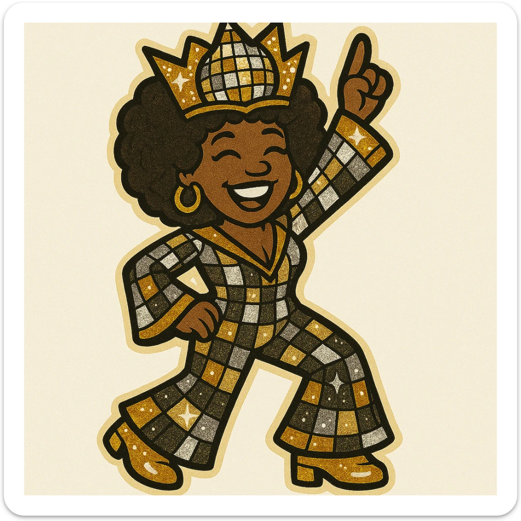 Create a 1970s disco emoji of a female African American with a full body, dancing, wearing a sparkling, extra vibrant 70s style crown and matching disco outfit. Use only gold, silver, black, and white, but make the colors bold and luminous. She should have a joyful expression and afro hairstyle, in a bold pop colors style. sticker