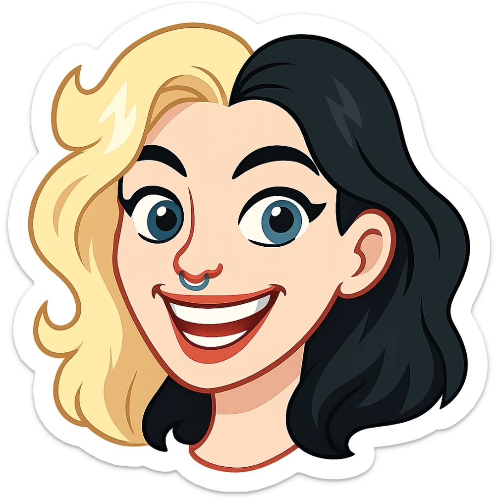 Edit the image in the style of a Telegram sticker. Show the head with hair, blue eyes, very pale skin, a neat nose with piercing. Make the character smile with visible teeth. Do not add any white outline. Remove the background. sticker