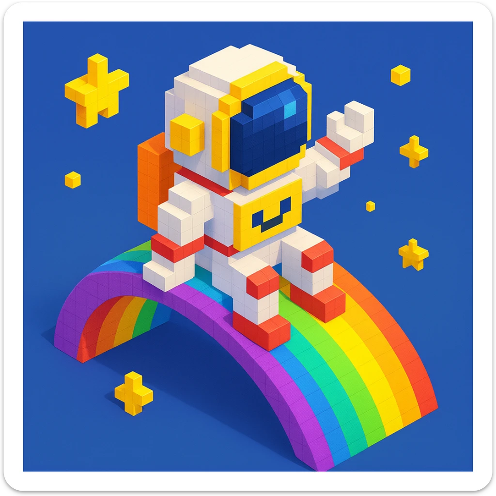 astronaut riding rainbow in starry night, colored background sticker