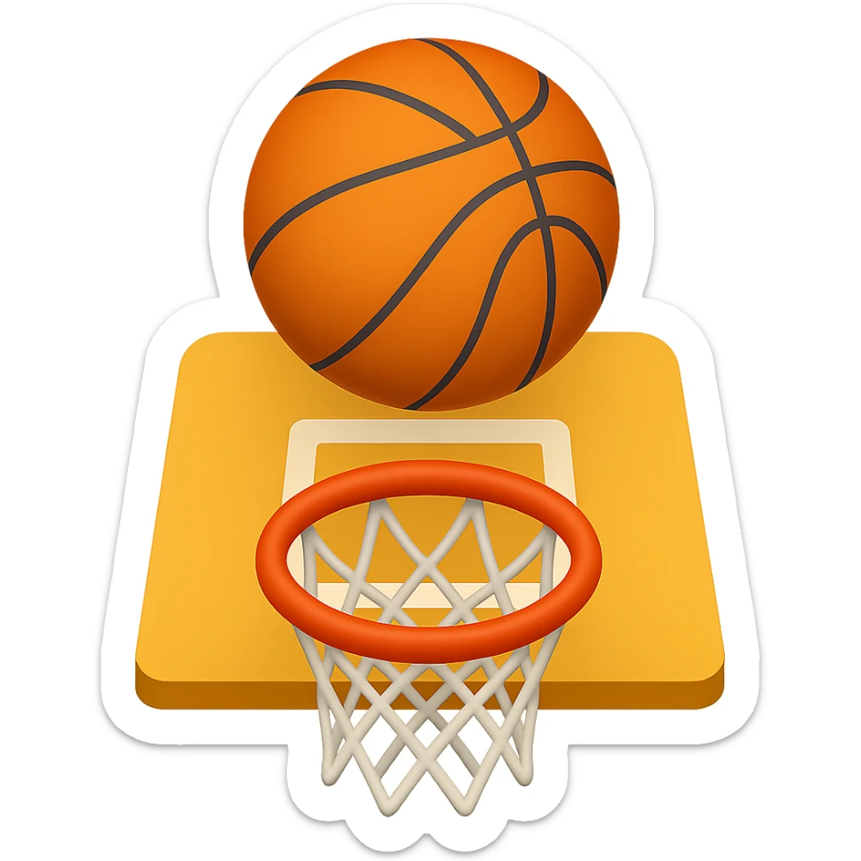 Change the perspective to be from the top of the key, with the basketball about a foot off the rim, in the style of apple emojis, keep the background transparent. sticker