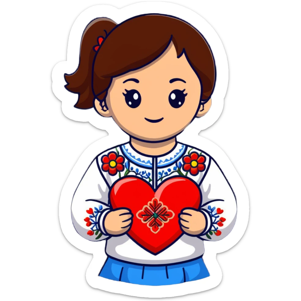 A beautiful young girl with brown hair in a Ukrainian embroidered shirt is holding a large embroidered heart sticker