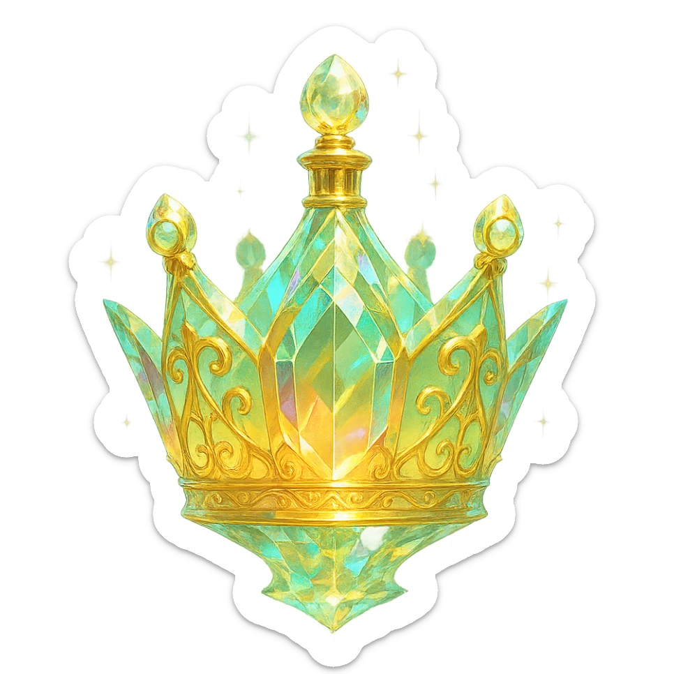 luxurious crystal elixir bottle in the shape of a crown, pastel gradient of yellow, orange, and green colors, lots of glowing effects, facets, ornaments, golden details, magical effects, very small golden neck, transparent background, beautiful merging base, clearly floating in the air, no base or shadow, premium class impression, interesting design fitting a collection of crystal, luxurious, magical bottles sticker