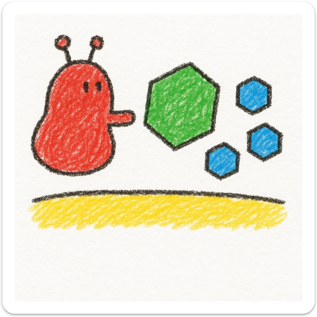 Ultra-detailed illustration of enzyme digestion: Red amylase breaking green starch into sugars near a yellow cell membrane. Clean white background, no text. Scientific but simple sticker