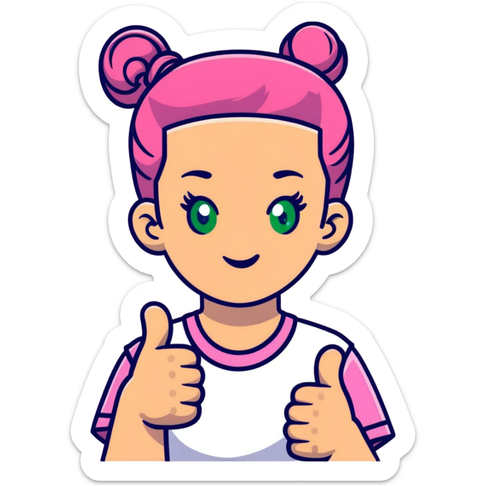 girl with pink topknot haircut and green eyes giving a thumbs up sticker
