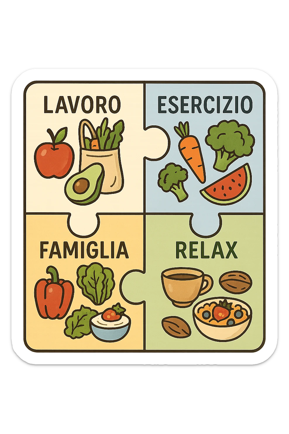 Puzzle (Lavoro, Esercizio, Famiglia, Relax), and healthy foods are integrated into each piece. in italiano sticker