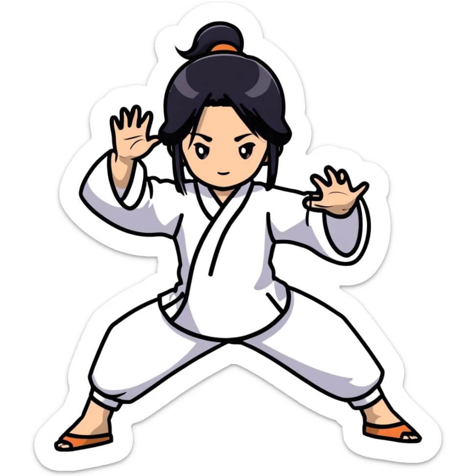 lightskin young girl with black straight hair and dark eyes, taichi movement, focused face sticker