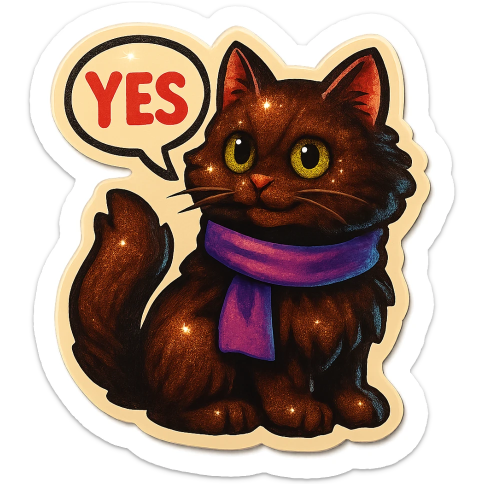 Fluffy dark-brown cat with green eyes and a purple scarf saying ‘YES’ (with a speech bubble) sticker