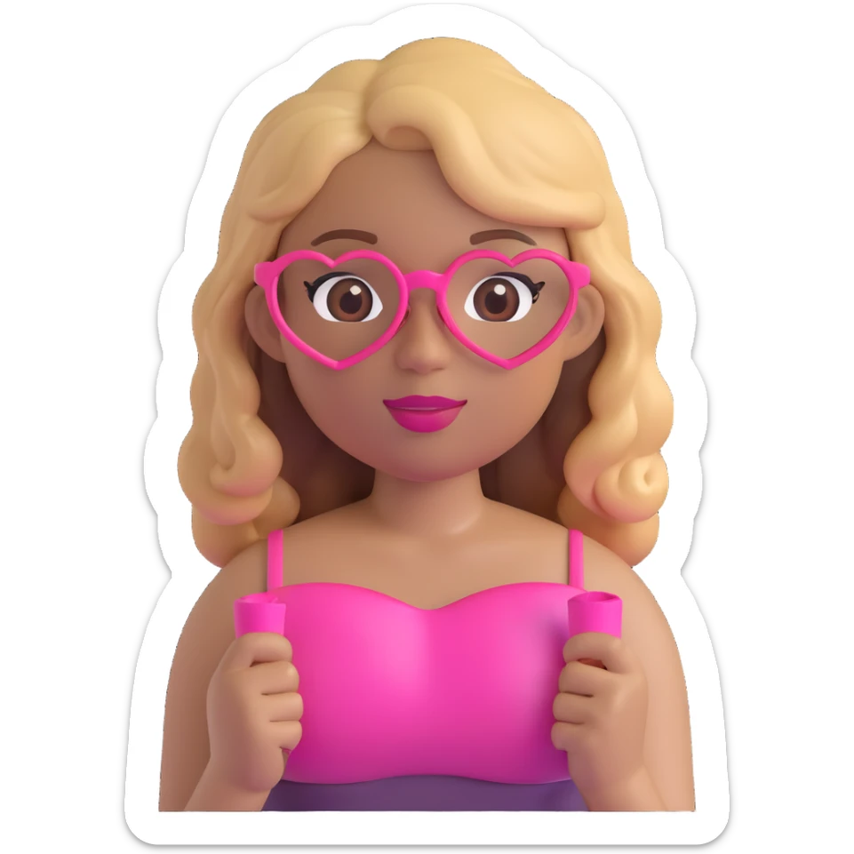 girl emoji with light tan skin, wavy 2B hair in brown and blonde, wearing a pink tube top, long eyelashes, heart-shaped lips, clear pink glasses sticker