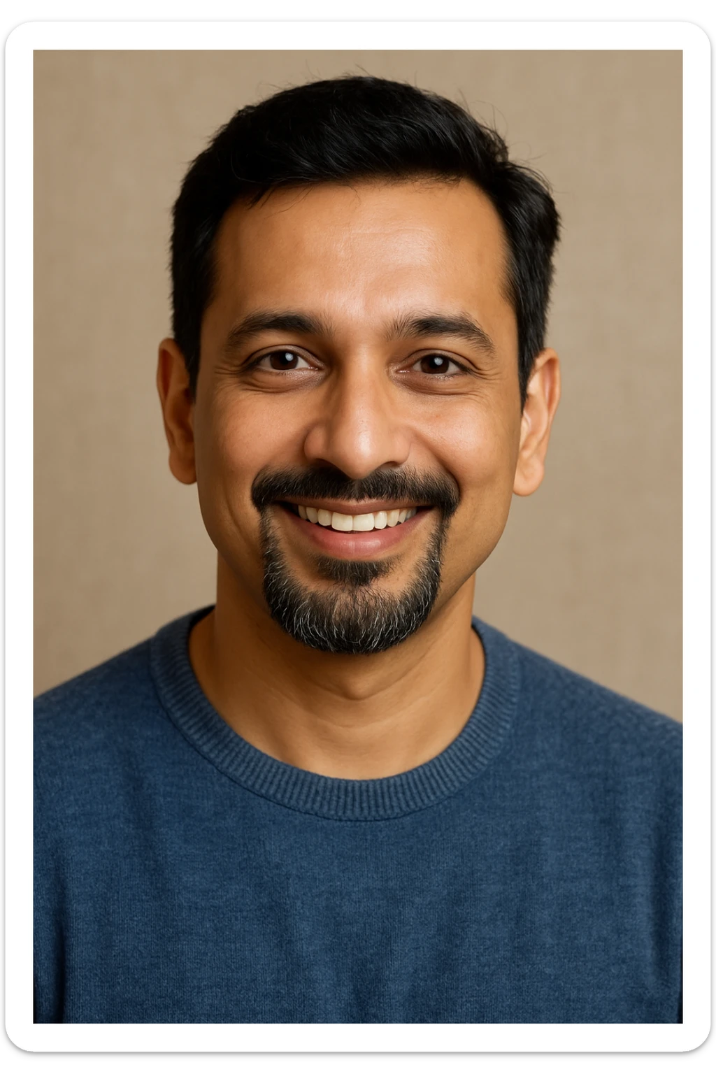 A 40-year-old Indian man with a stylish French goatee, fair skin, and a friendly, trustworthy smile. His expression is welcoming and positive. sticker