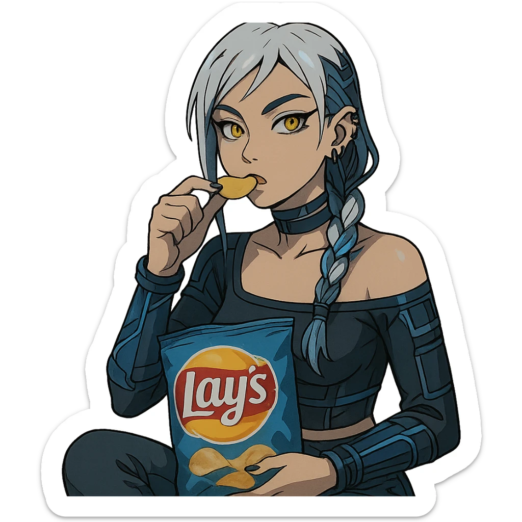  she is snacking out of a huge bag of lays-chips, a closeup portrait of young woman with gold yellow eyes, white hair, long braid, black off-shoulder top d-cup, punk gothic style, futuristic cyberwave cyberpunk, sitting position
 sticker
