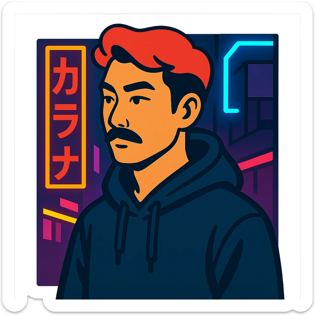 Asian man with black mustache, red hair, black hoodie, neon lights, Japanese cyberpunk anime style sticker