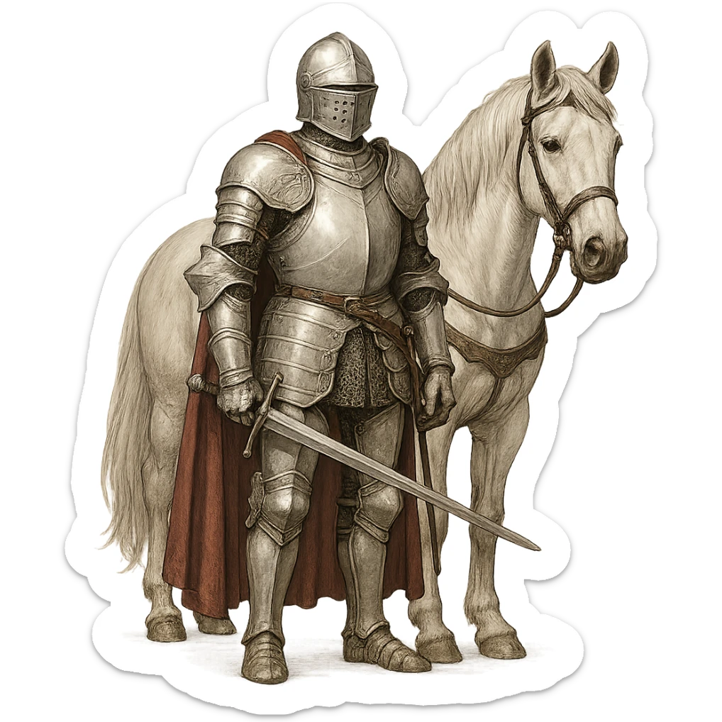 a white knight standing beside a white horse, detailed armor, noble, clean background sticker