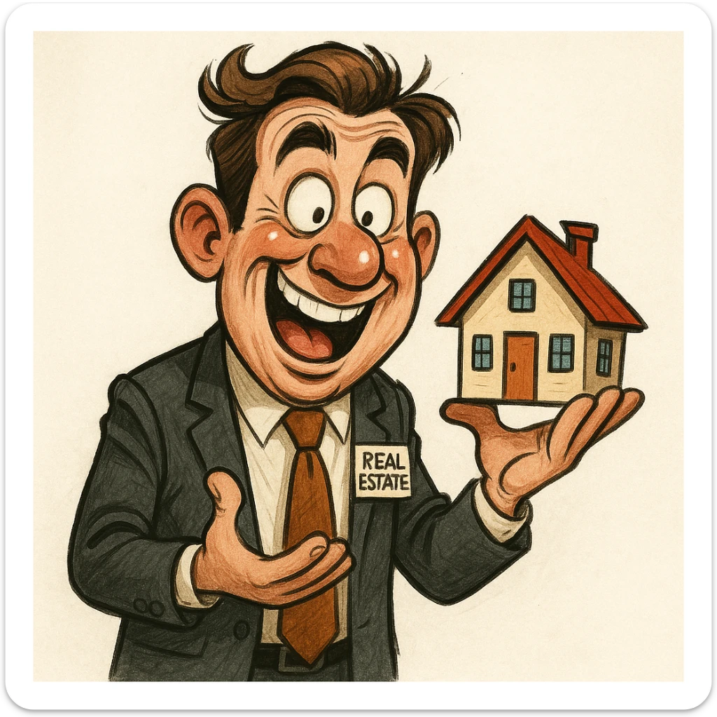 funny caricature style real estate agent, holding a small house, animated expression sticker