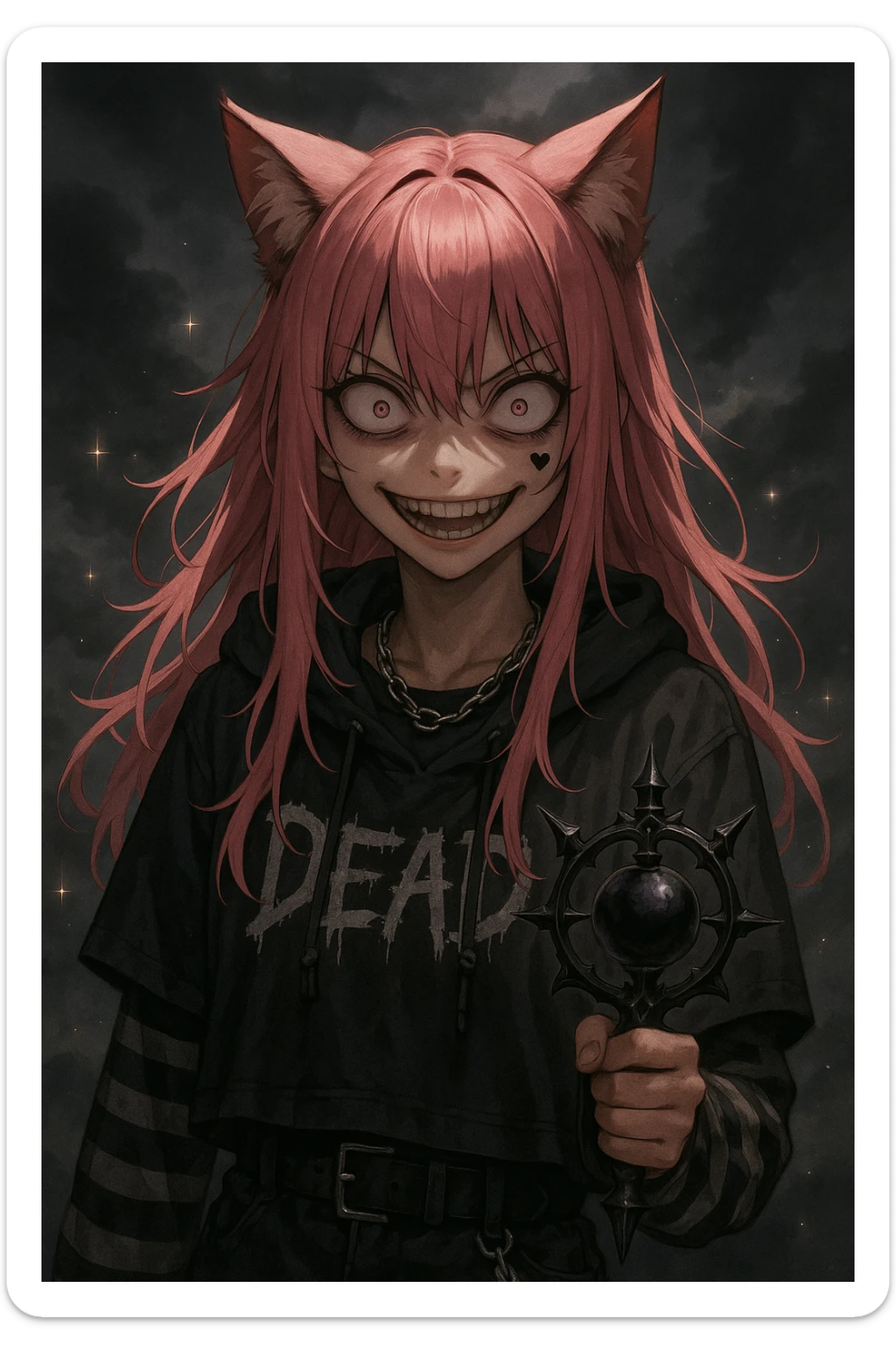 realistic anime catgirl with pink hair, emo streetwear, heart tattoo under left eye, dark magical accessory, sparkles, stormy background, classic yandere scary face with crazy eyes and unsettling grin sticker