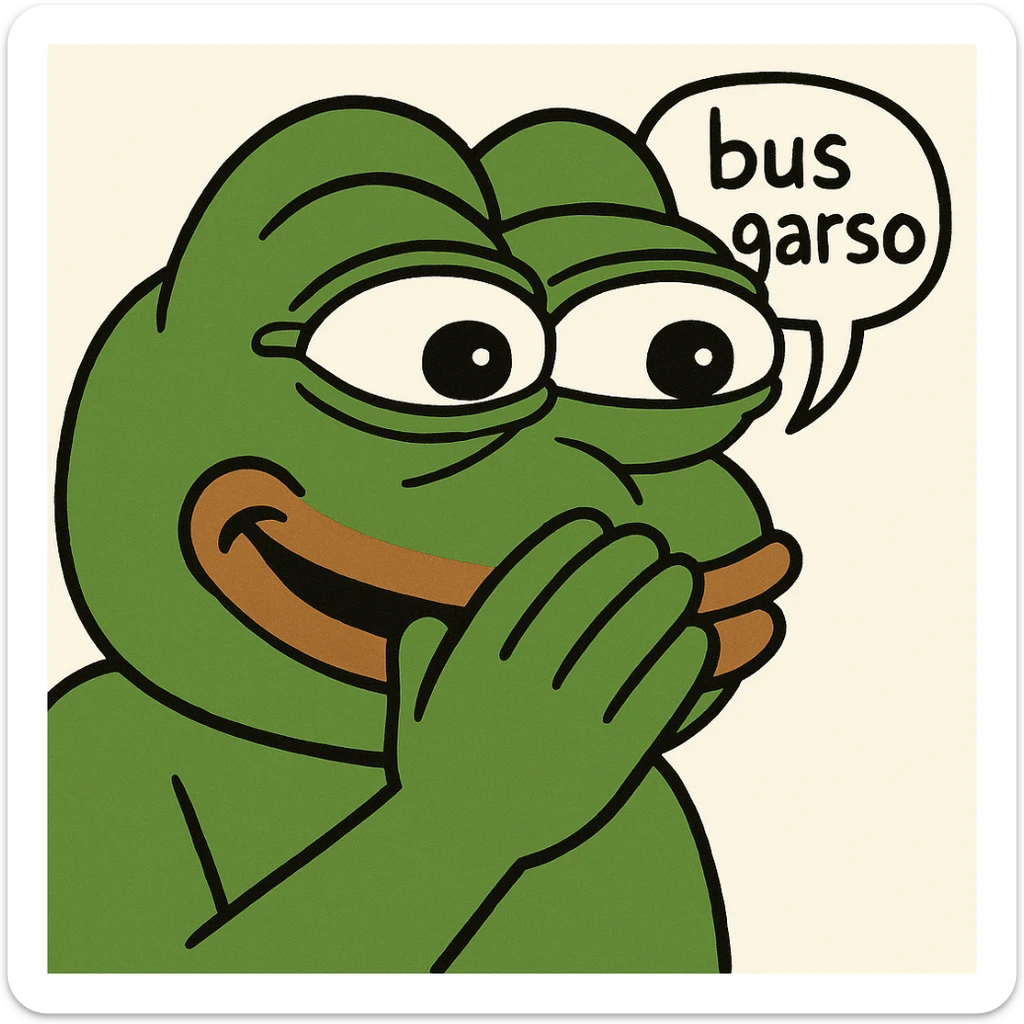 Edit the classic Pepe the Frog in 3D emoji style with one hand over mouth, cheeks puffed, trying not to laugh, with a speech bubble 'bus garso'. Classic Pepe look, no drink, focus on face and expression. Variant 3. sticker