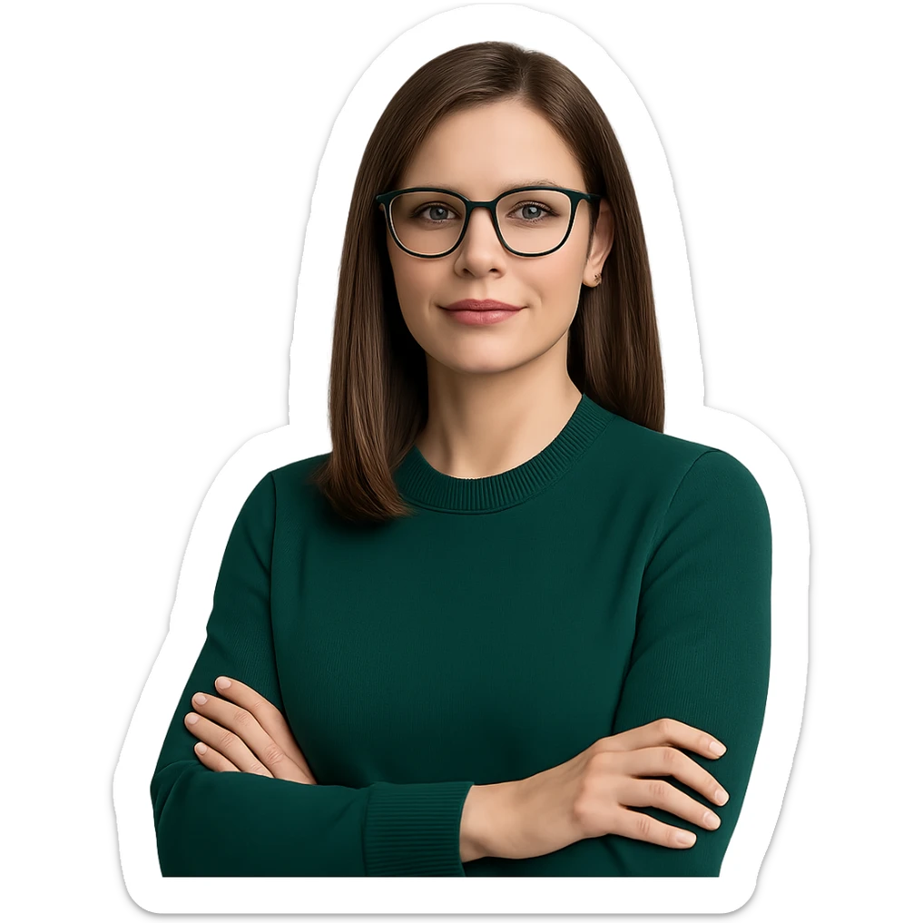 female CEO wearing an emerald green sweater, medium straight brown hair, emerald green glasses, professional and confident sticker