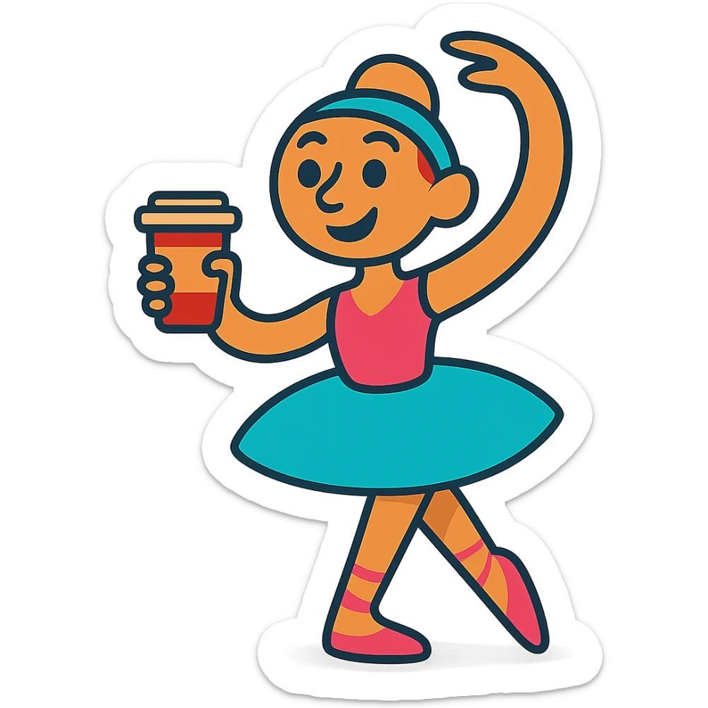 a friendly colorful illustration of a ballerina holding a cup of coffee sticker