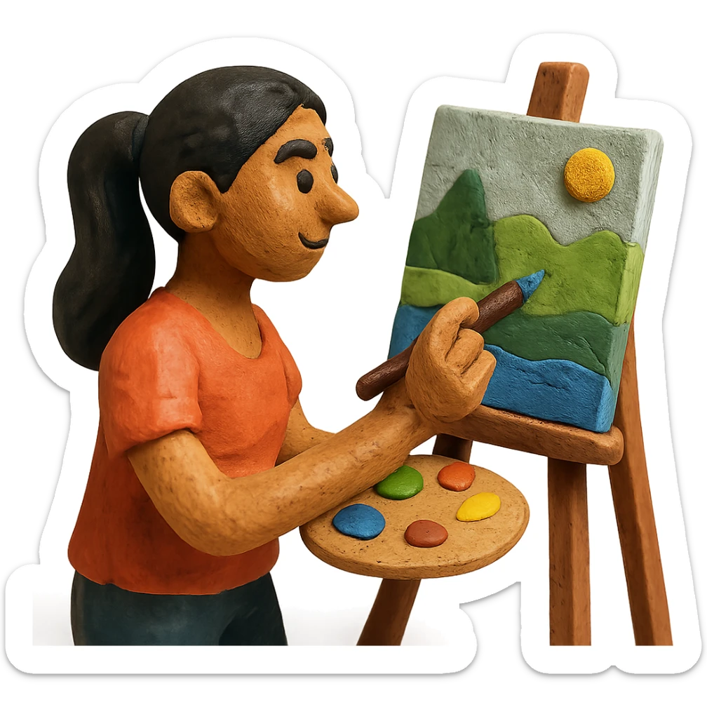 tanned woman artist with long black hair in a ponytail, painting a landscape at an easel, holding a paint palette and brush, claymation style sticker