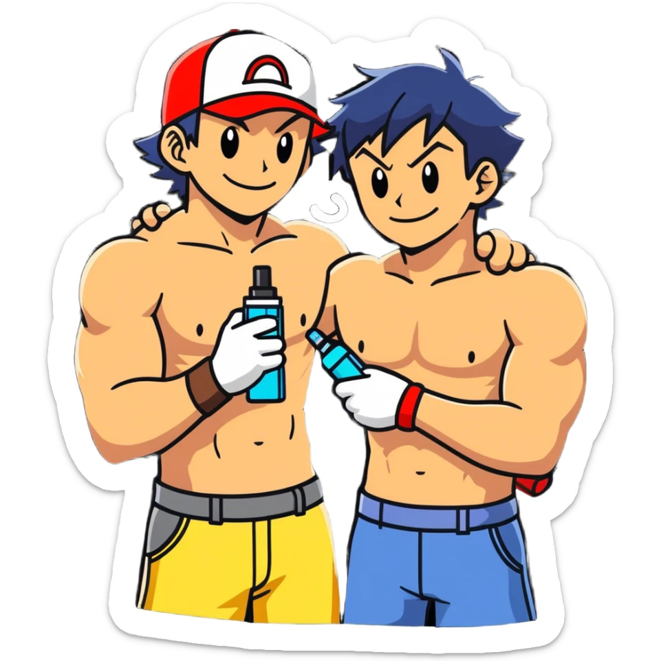 Hot handsome muscular 6ft 5inch tall smiling happy fun shirtless Ash Ketchum hugging his best friend while using a vape sticker