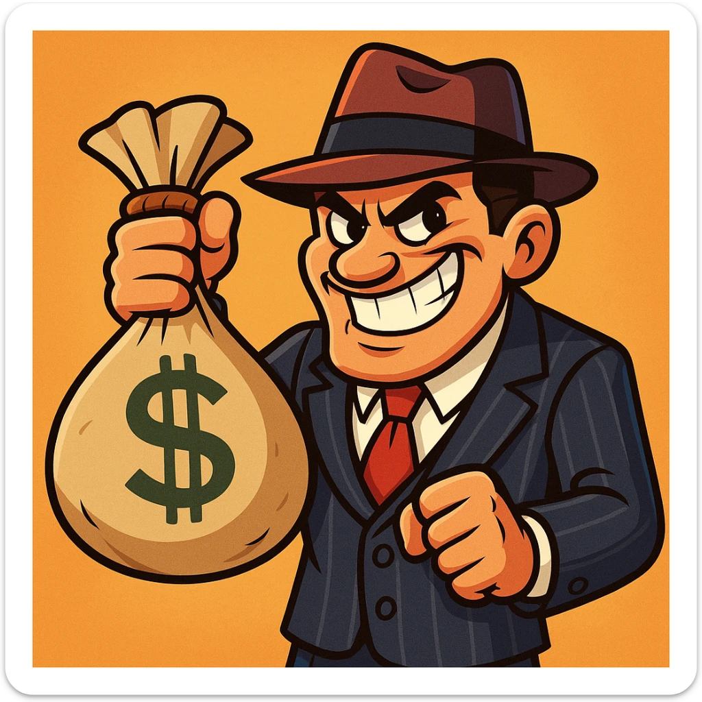 gangster character, cartoon style, holding a money bag, mischievous grin sticker