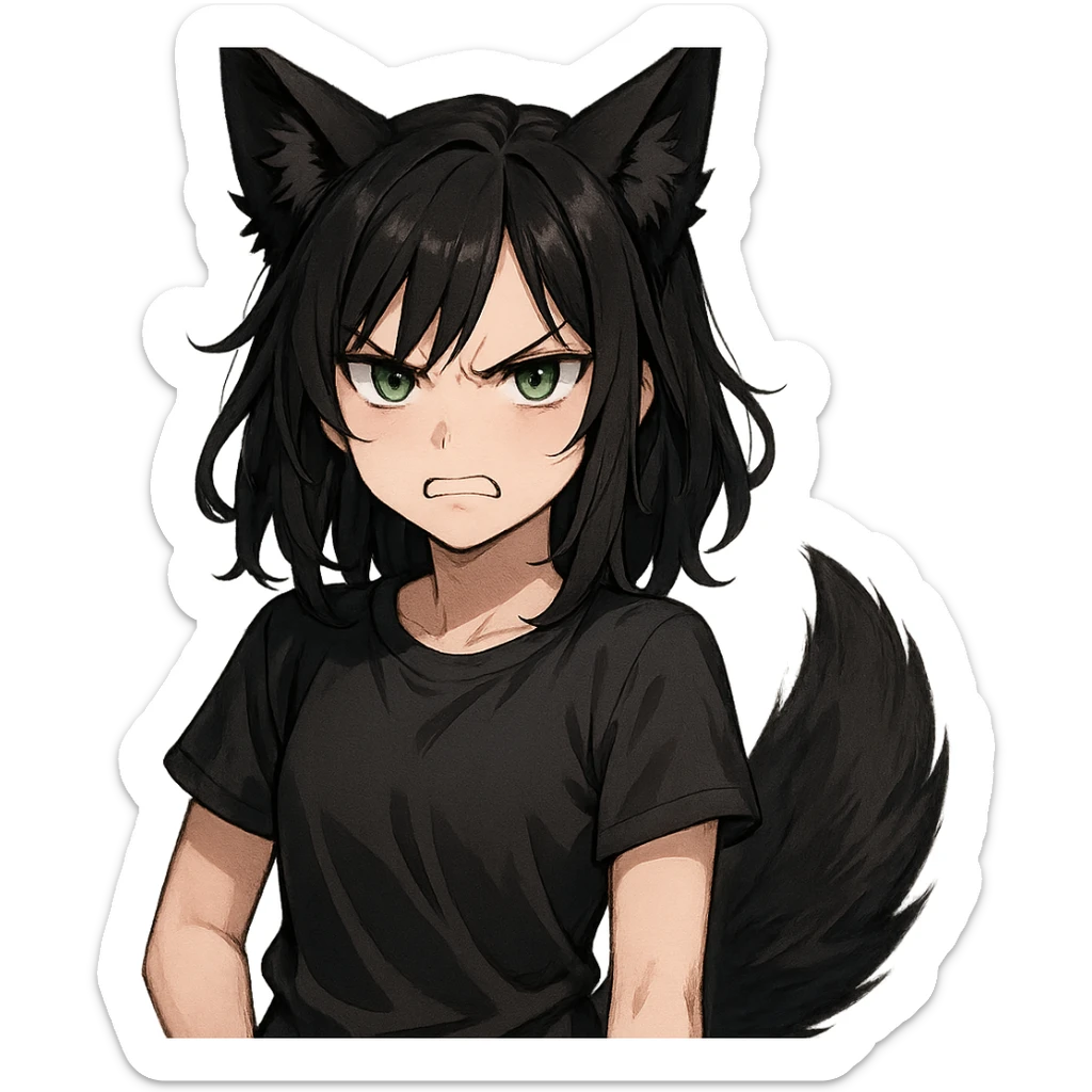 A girl with black fox ears and a tail, green eyes, dark hair, looking angry sticker