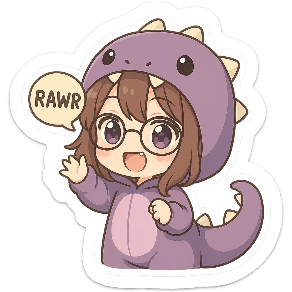 chibi anime style girl with glasses, brown hair, dark purple eyes, wearing a purple dinosaur costume, saying 'rawr' in a cute playful way sticker