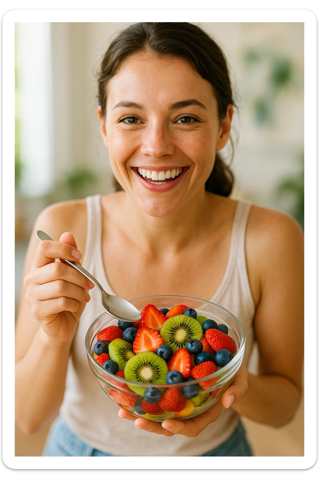 A cheerful person holding a glass bowl of colorful fruit salad with vibrant pieces of strawberries, kiwis, and blueberries visible. The person is wearing a casual, light-colored tank top and has a friendly, bright smile as they prepare to take a bite with a spoon. The overall composition focuses on health and enjoyment. sticker