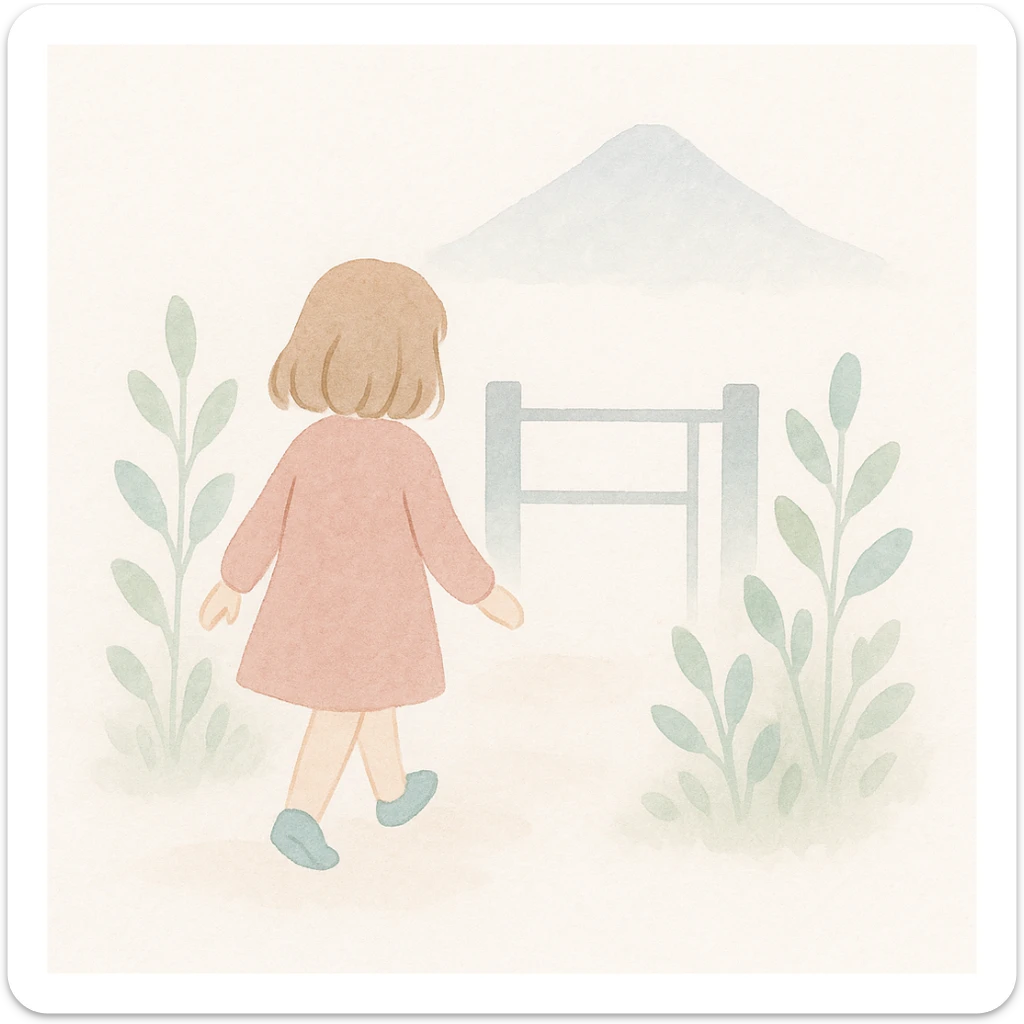 soft watercolor illustration in a minimalist modern style of a female child walking outside of a gate viewed from behind, with green plants outside the gate and a mountain in the background, pastel colors, delicate linework, gentle whimsical mood, minimal soft shading sticker