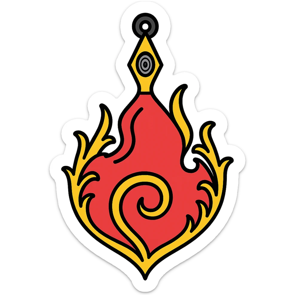 Replace the cross at the top with a kunai featuring a Rinnegan eye in the center of the kunai, while maintaining the style of the Naruto fire symbol. Background should be transparent. sticker