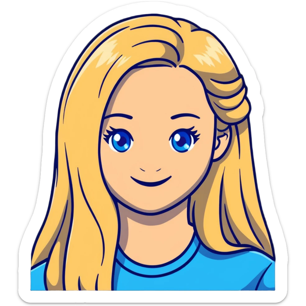 portrait of a smiling female with long blonde hair and blue eyes sticker