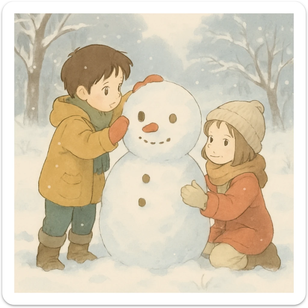 ghibli style kids building a snowman, soft colors, gentle winter scene sticker