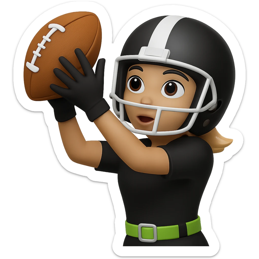 Create an emoji style image of a woman catching a football, wearing a helmet and an all black uniform with white accents. The only flag belt is lemon lime color, no other flags. She is holding one football. Keep the background transparent. sticker