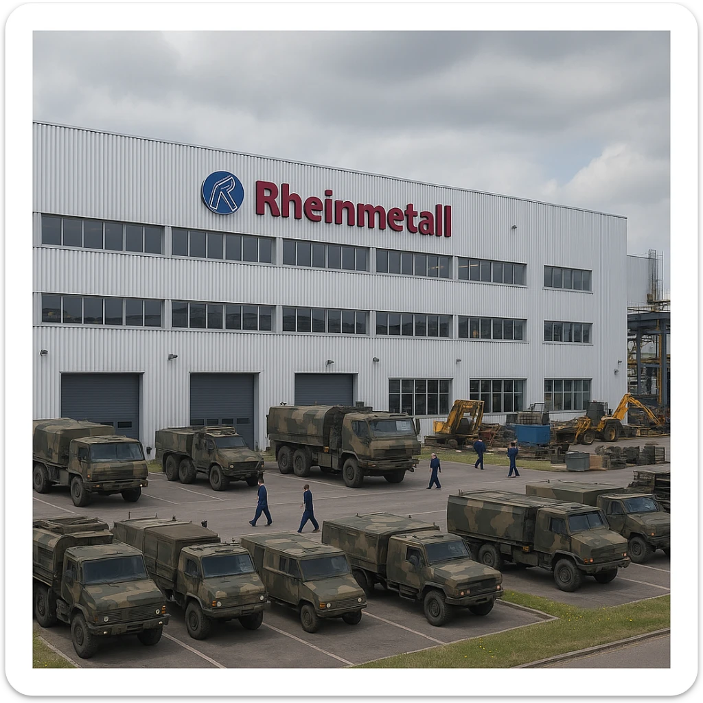 Realistic Rheinmetall factory exterior, large industrial building with Rheinmetall logo, parking lots filled with military vehicles, factory grounds with machinery and equipment, realistic lighting and shadows, industrial atmosphere, workers in uniforms walking around, camouflage colors sticker