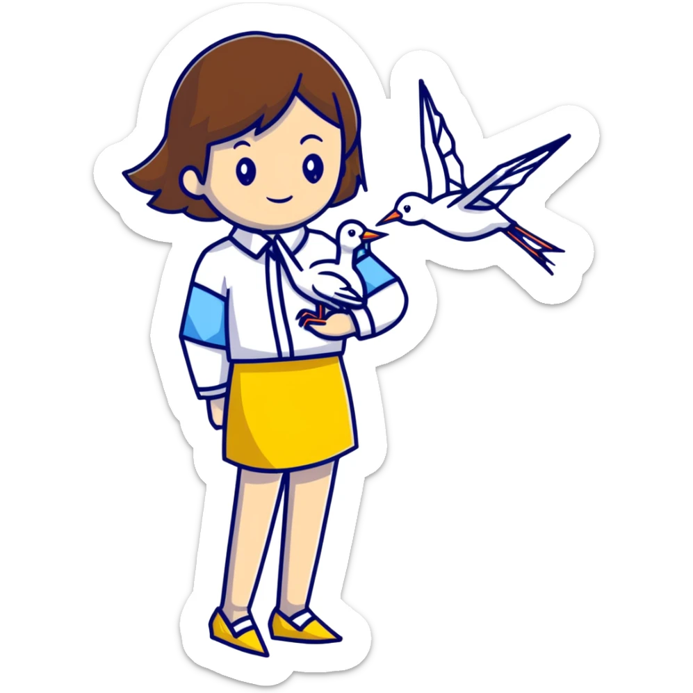 Ukrainian young girl with brown hair wearing a white embroidered shirt holds an origami yellow-blue crane sticker