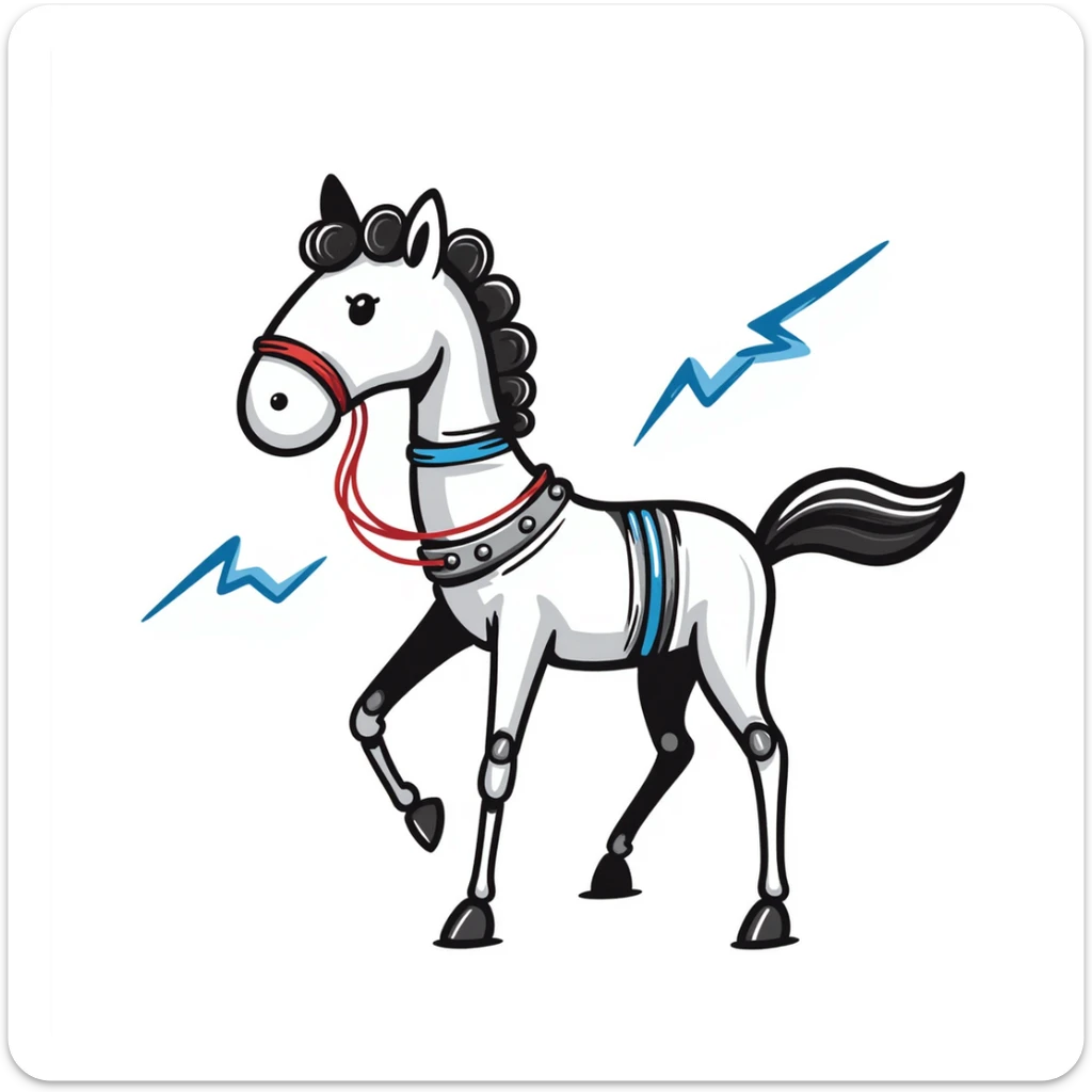 fast electric horse made of electricity, metal plates, bolts, visible blue and red wires, lightning coursing through its body, mechanical look sticker