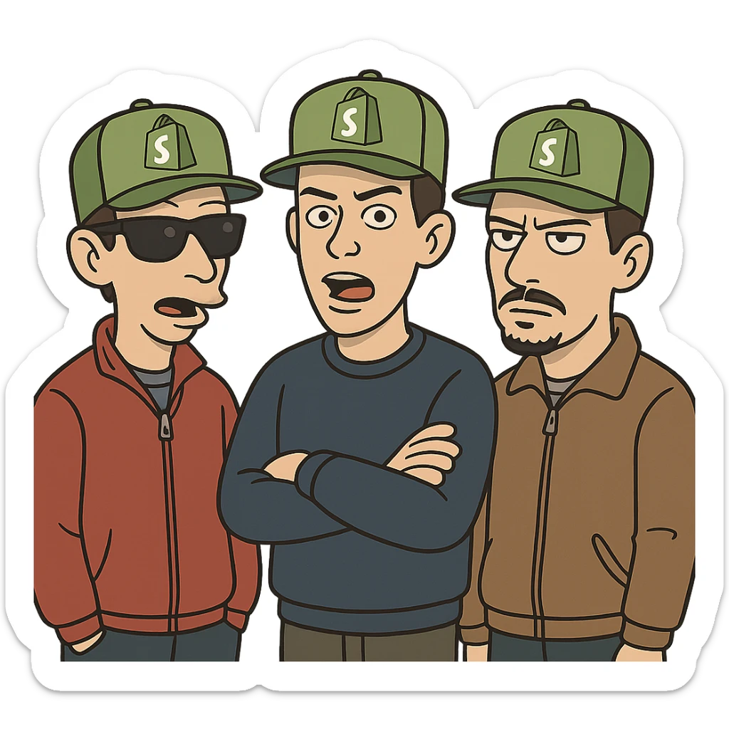 the Beastie Boys wearing hats with the Shopify logo sticker