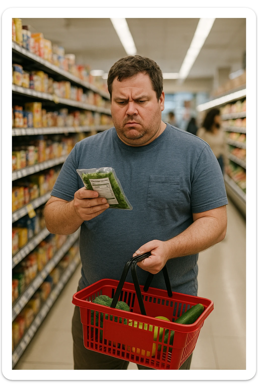 a man in casual clothes walks through a grocery store, looking at a nutrition label with a furrowed brow. Despite choosing healthy options, his body remains overweight. Other shoppers pass by, and the lighting is natural, capturing a moment of everyday life and genuine confusion. sticker