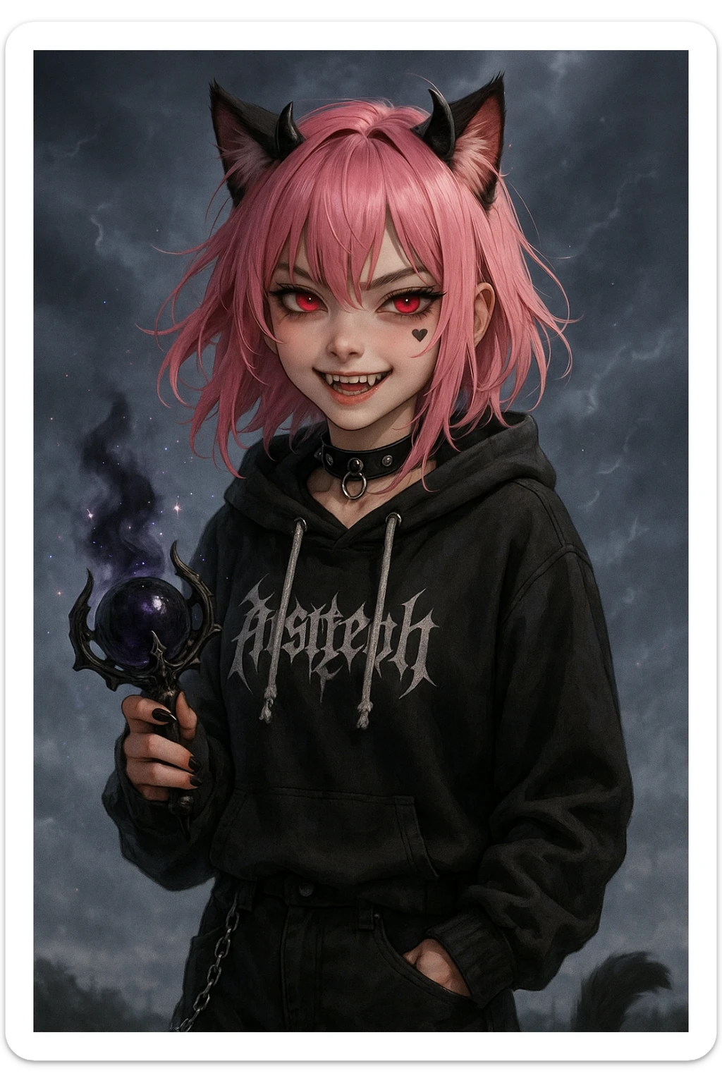 realistic anime catgirl with pink hair, emo streetwear, heart tattoo under left eye, dark magical accessory, sparkles, stormy background, devilish look with small black horns, red glowing eyes, sharp fangs, mischievous grin sticker