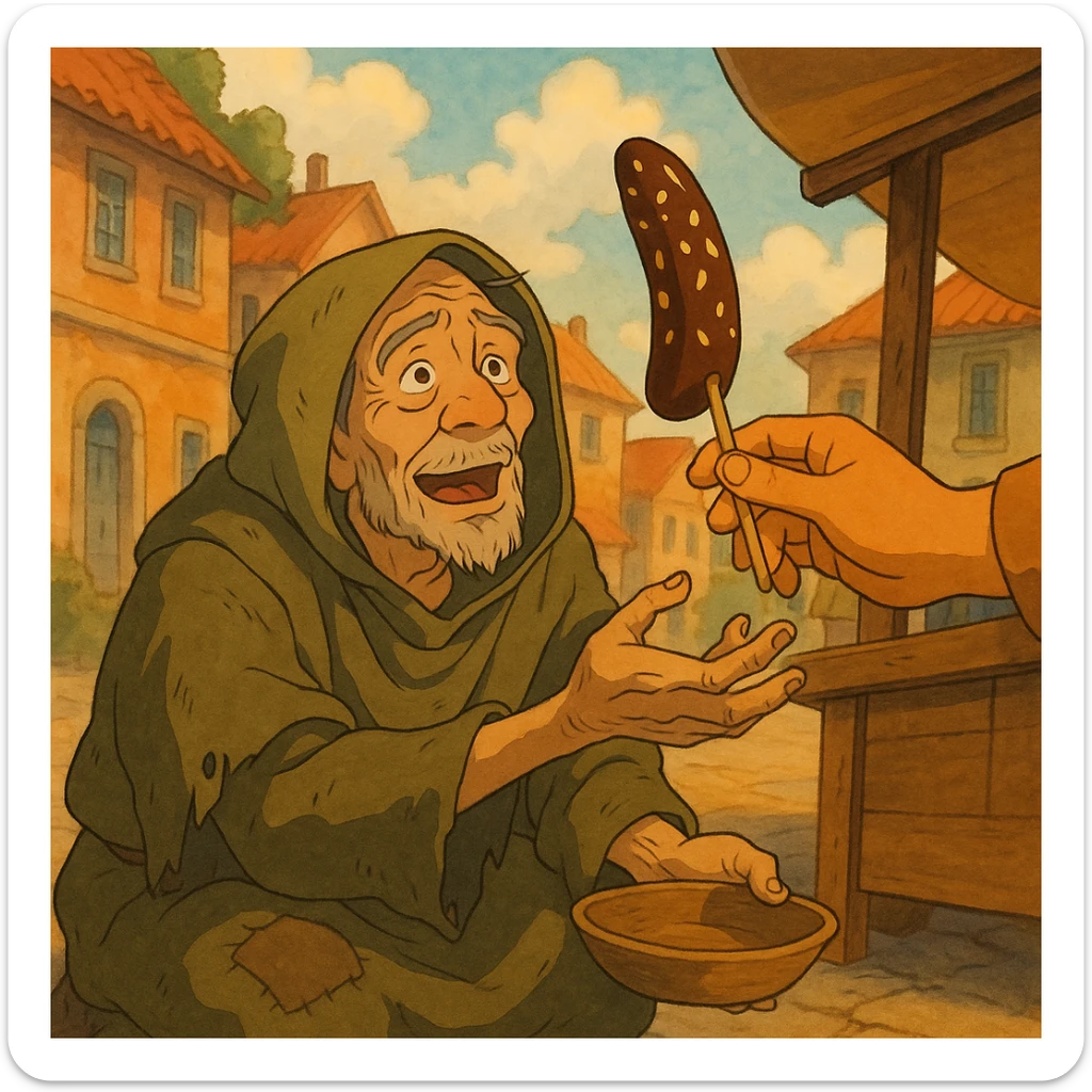 ghibli style illustration of a beggar reaching for a chocobanana, warm and expressive sticker