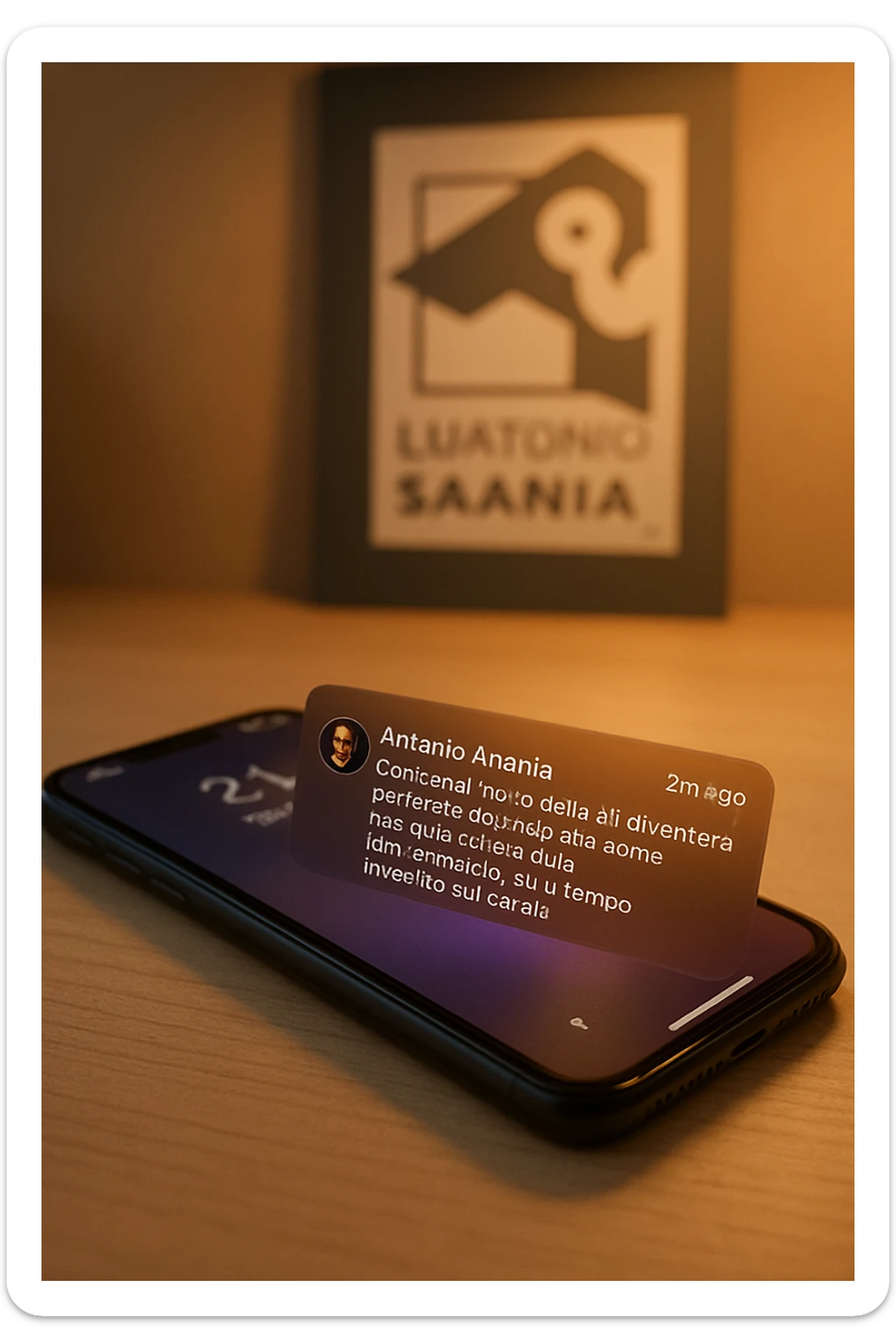A photo of an iPhone with the message "Antonio Anania" on its scree, both surrounded by soft light and shadow. The phone sits atop a desk with a blurred background that suggests work environment. A faint glow from above casts gentle shadows across the surface of each object, creating depth and highlighting their textures. sticker